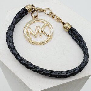 Michael Kors Black Braided Leather Bracelet Gold Tone MK Logo Charm 7.5"-8.25"